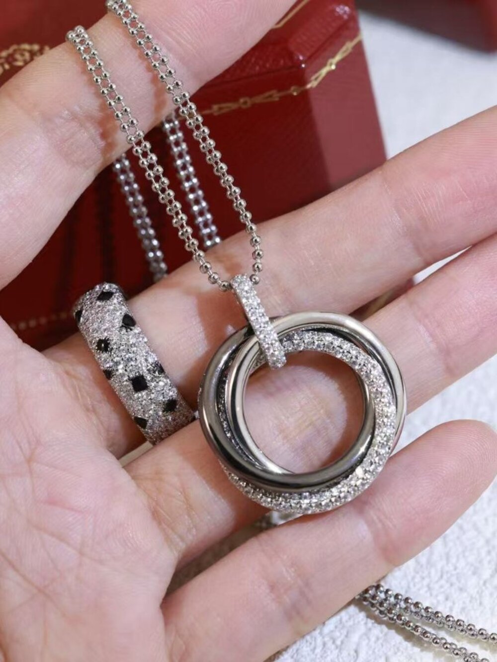 Cartier LOVE Collection Three-Ring Diamond-Paved Necklace
